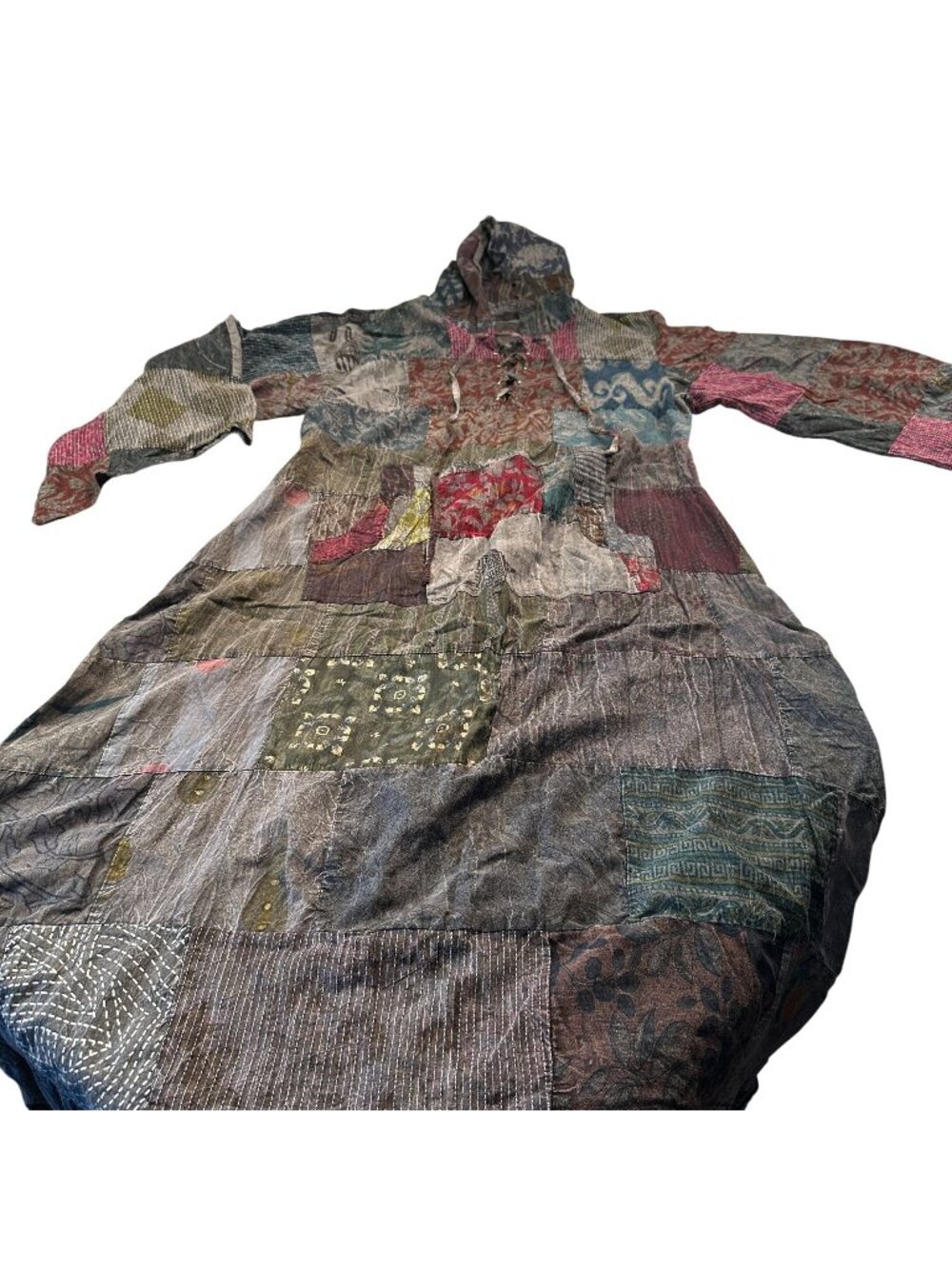 Earthbound Trading Co Patchwork Hooded Maxi Dress Womens Boho Hippie Cotton